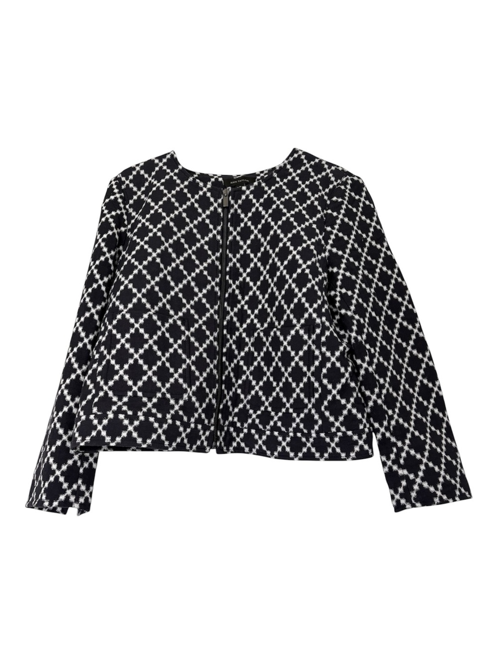 Ann Taylor Navy & White Patterned Collarless Zip Jacket - Size 8